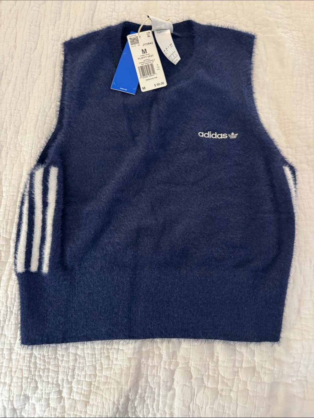 adidas Navy Fuzzy Sleeveless Knit Vest with White Stripe Detail